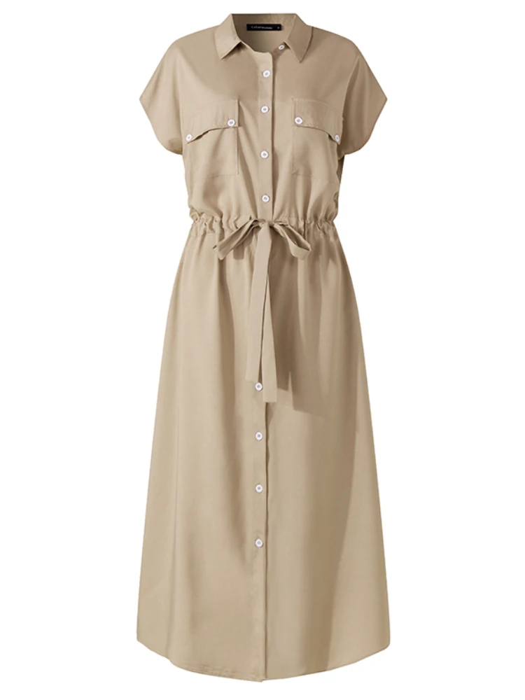 (image for) Celmia Plus Size Women Long Dress Short Sleeve Lapel With Side Pocket Casual Streetwear Overalls Dresses For Women
