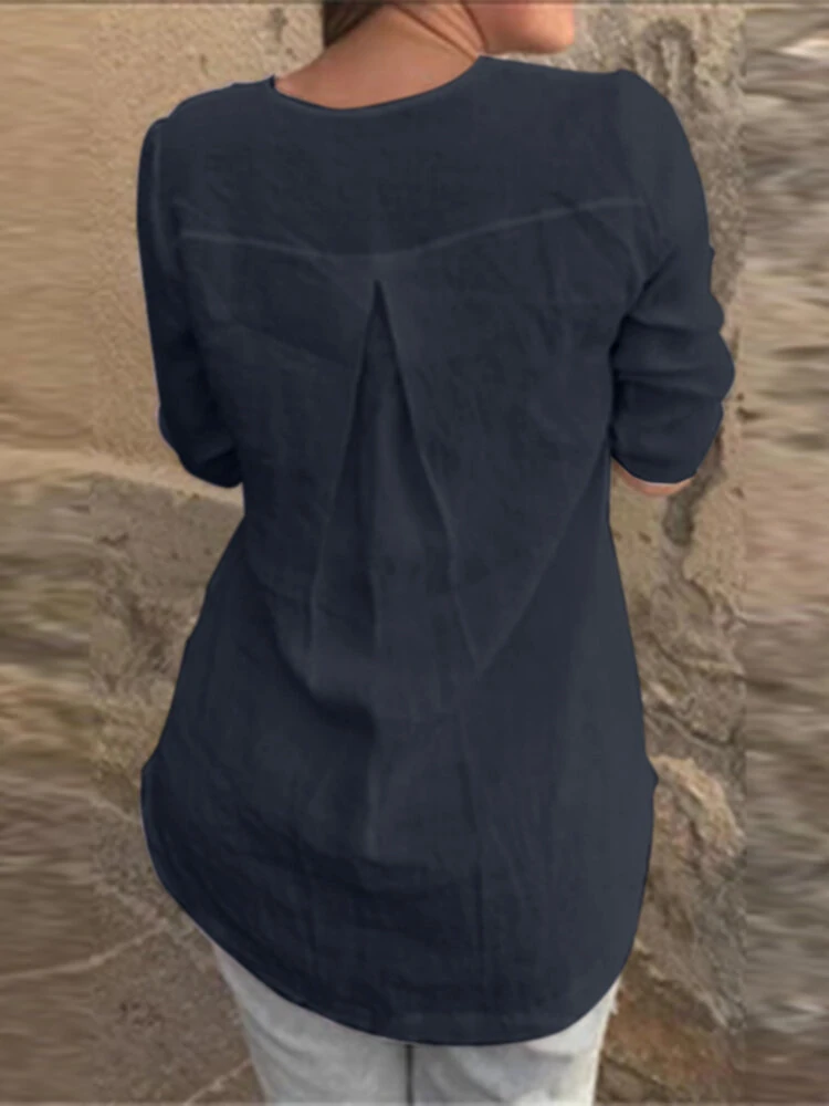 (image for) Cotton Solid Button Ruched High-Low Hem Casual Blouse