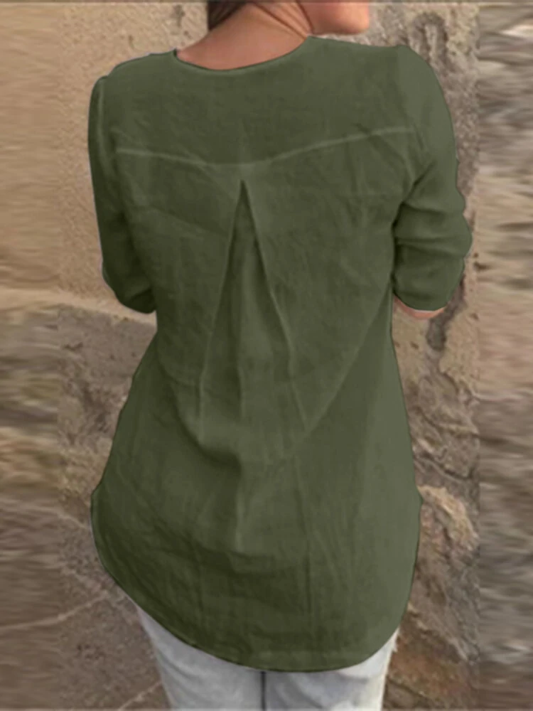 (image for) Cotton Solid Button Ruched High-Low Hem Casual Blouse