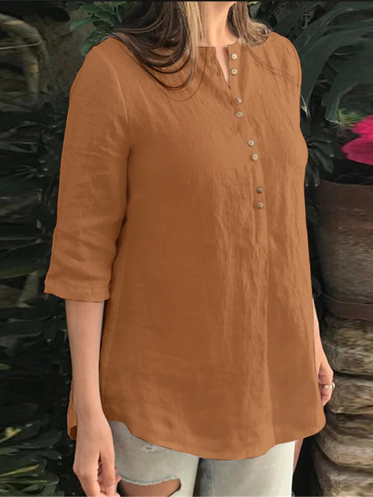 (image for) Cotton Solid Button Ruched High-Low Hem Casual Blouse
