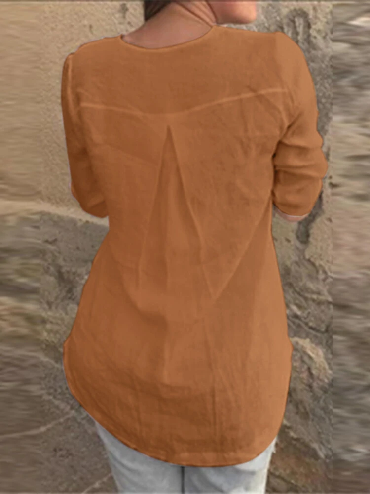 (image for) Cotton Solid Button Ruched High-Low Hem Casual Blouse
