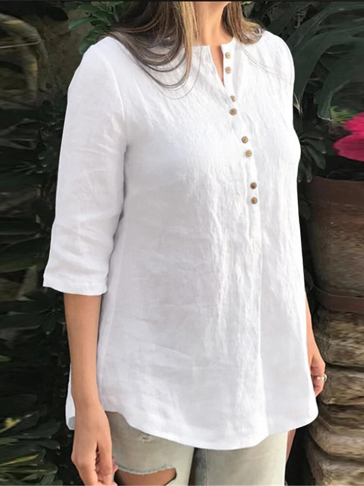 (image for) Cotton Solid Button Ruched High-Low Hem Casual Blouse