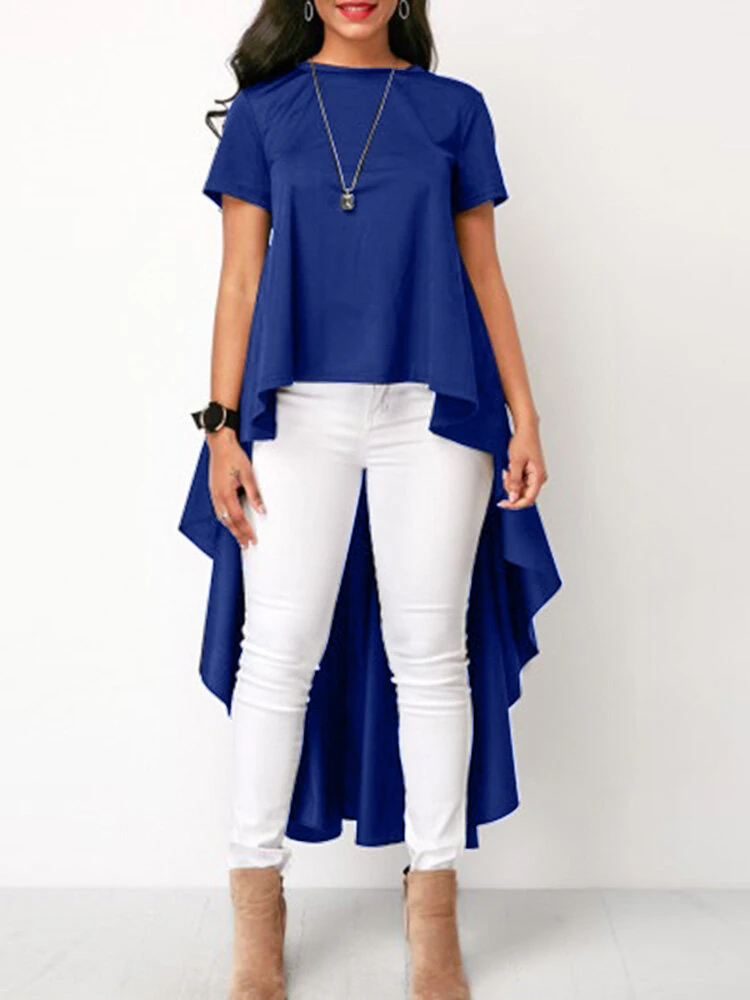 (image for) O-Neck Short Sleeve Back Buttons Spliced Solid Blouses For Women