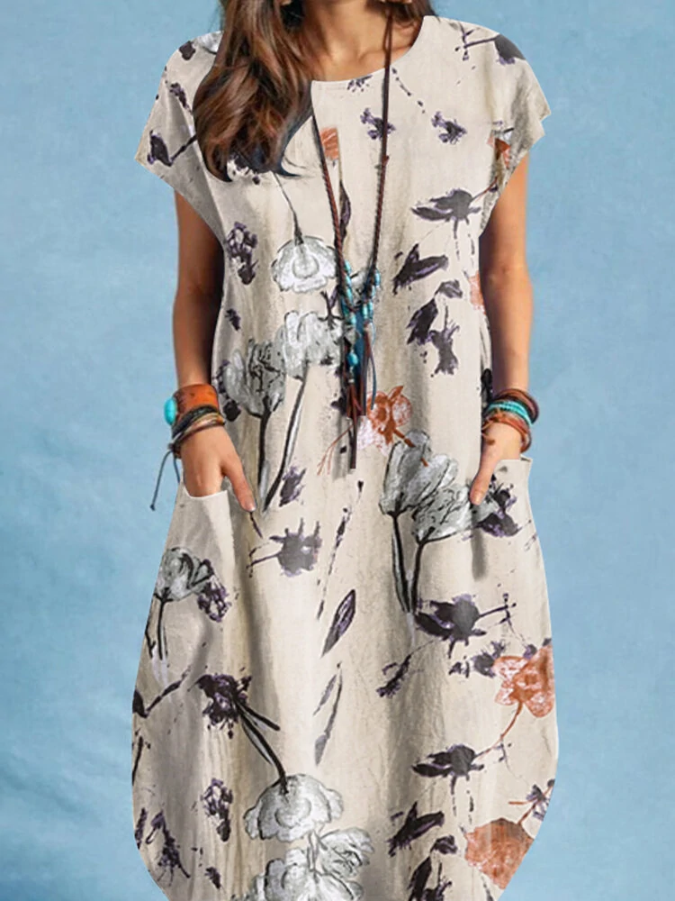 (image for) Plant Print Pocket Short Sleeve Casual Midi Dress