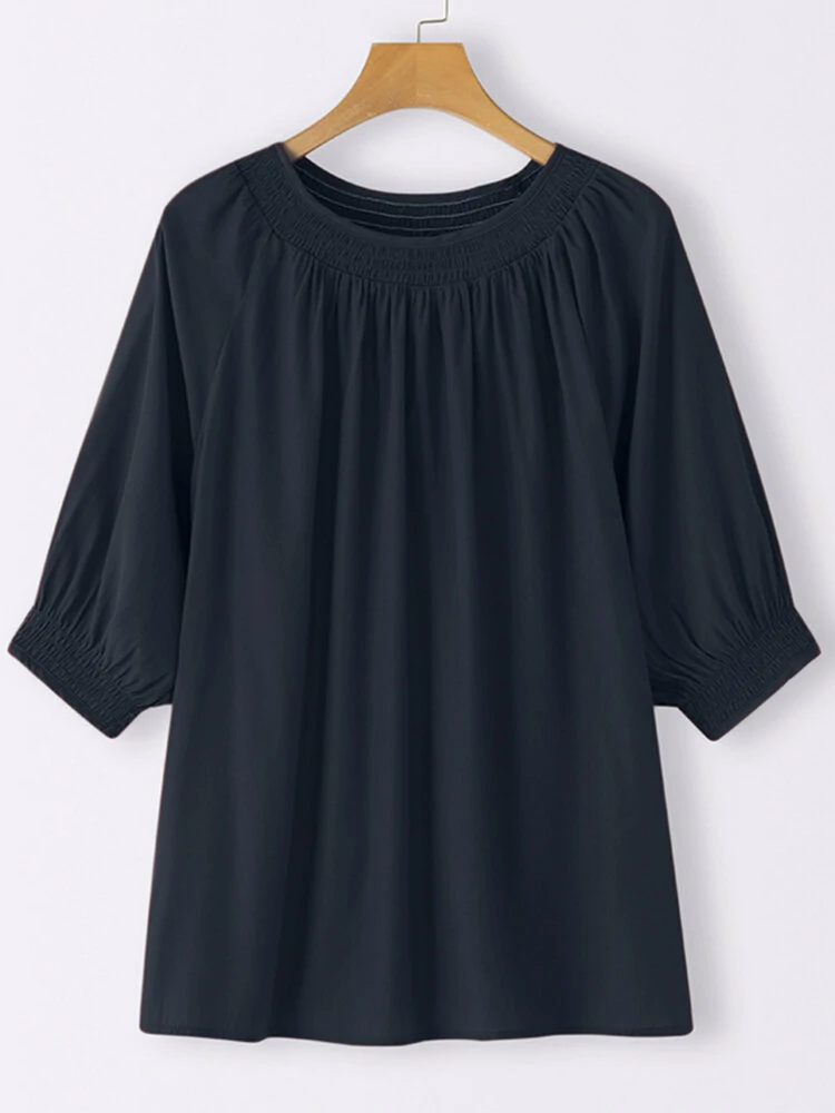 (image for) Solid Shirred Half Sleeve Crew Neck Loose Blouse