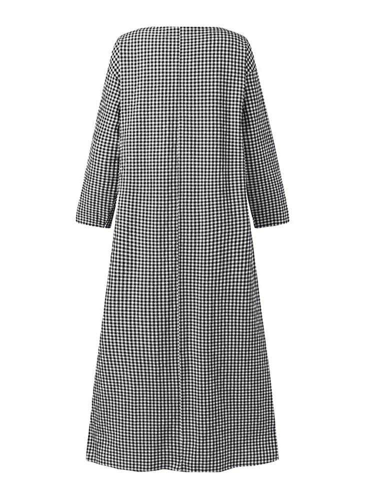 (image for) Women Casual Plaid Half Button Front Long Sleeve Maxi Dresses
