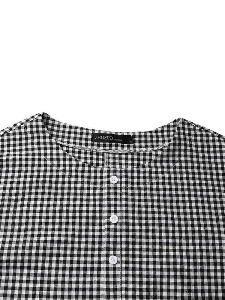 (image for) Women Casual Plaid Half Button Front Long Sleeve Maxi Dresses
