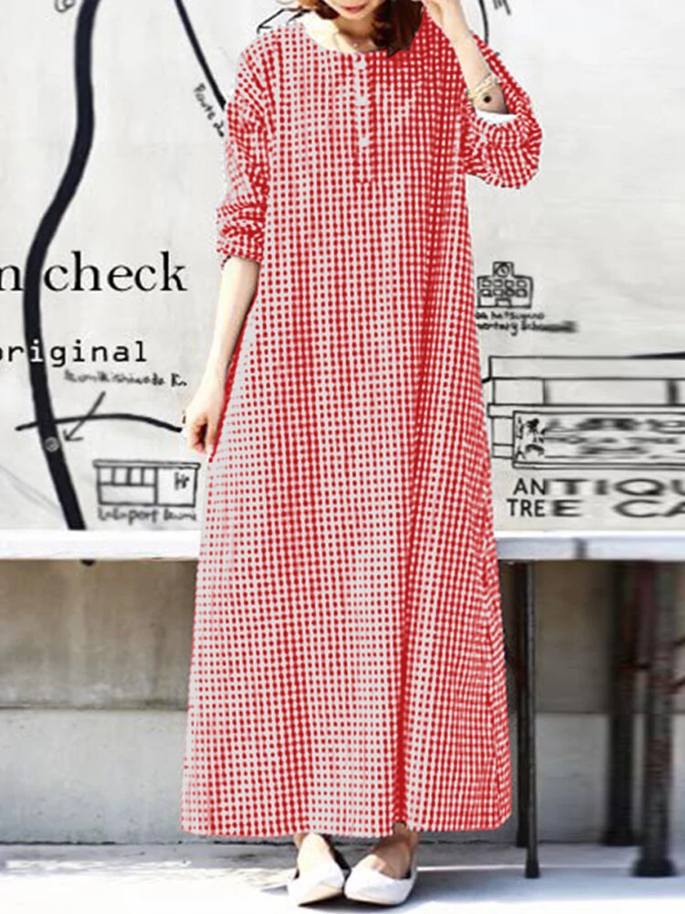 (image for) Women Casual Plaid Half Button Front Long Sleeve Maxi Dresses
