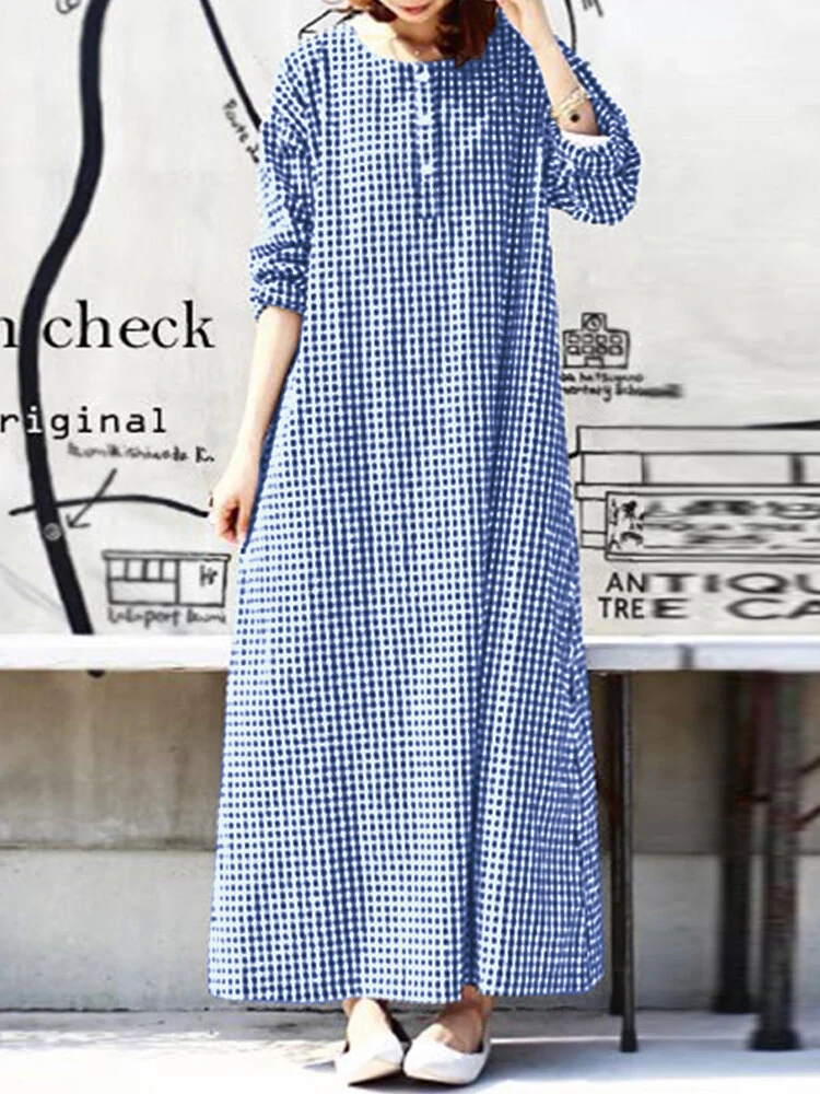 (image for) Women Casual Plaid Half Button Front Long Sleeve Maxi Dresses