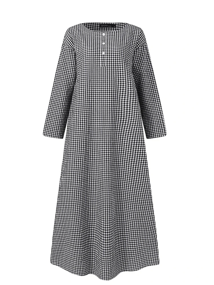(image for) Women Casual Plaid Half Button Front Long Sleeve Maxi Dresses