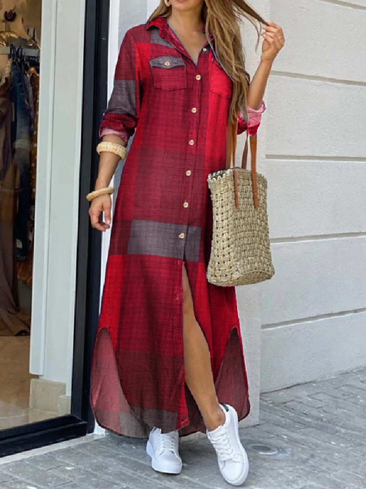 (image for) Women Casual Plaid Print Irregular Split Hem Maxi Shirts Dress with Side Pockets