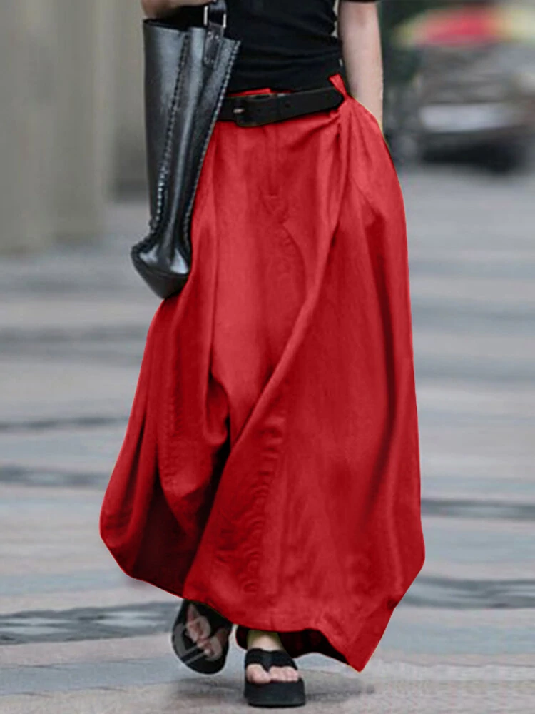(image for) Women Cotton High Elastic Waist Side Pocket Zipper Solid Casual Skirts