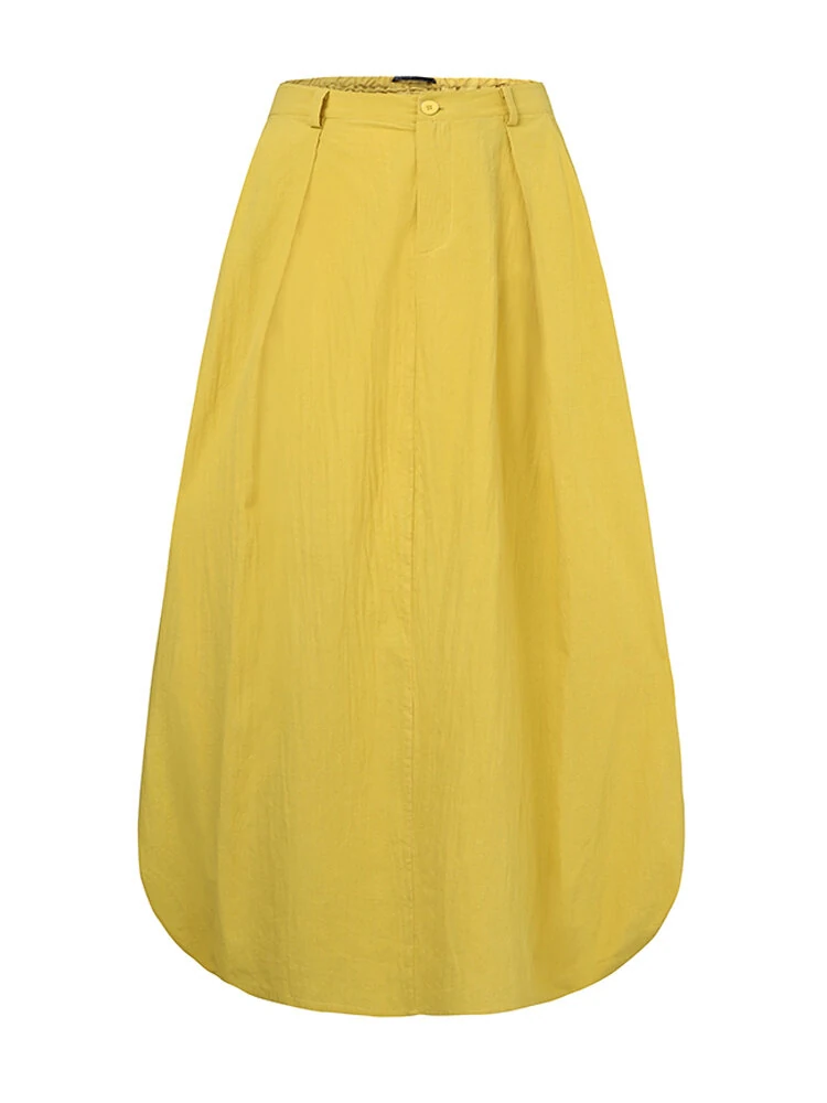 (image for) Women Cotton High Elastic Waist Side Pocket Zipper Solid Casual Skirts
