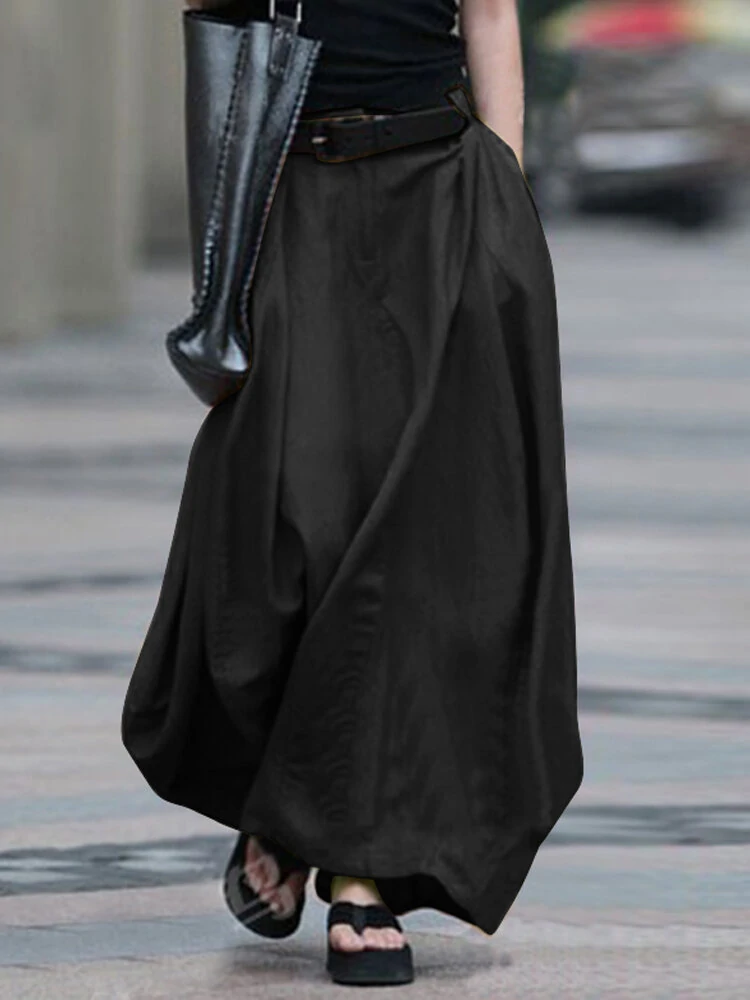 (image for) Women Cotton High Elastic Waist Side Pocket Zipper Solid Casual Skirts
