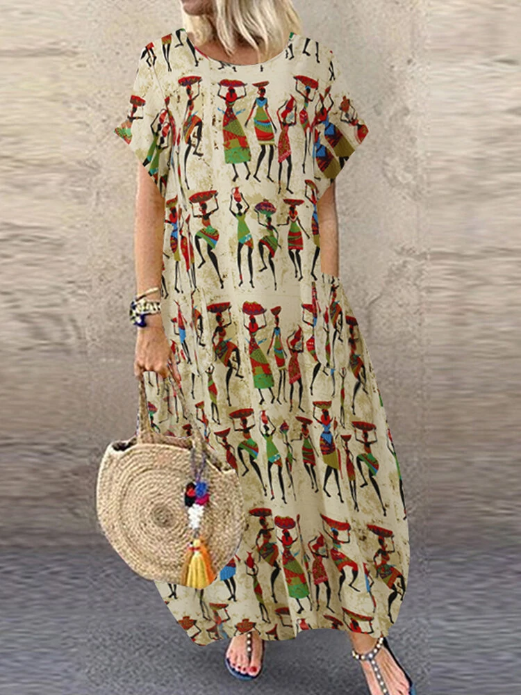 (image for) Women Ethnic Style Figure Print Round Neck Short Sleeve Loose Baggy Maxi Dresses