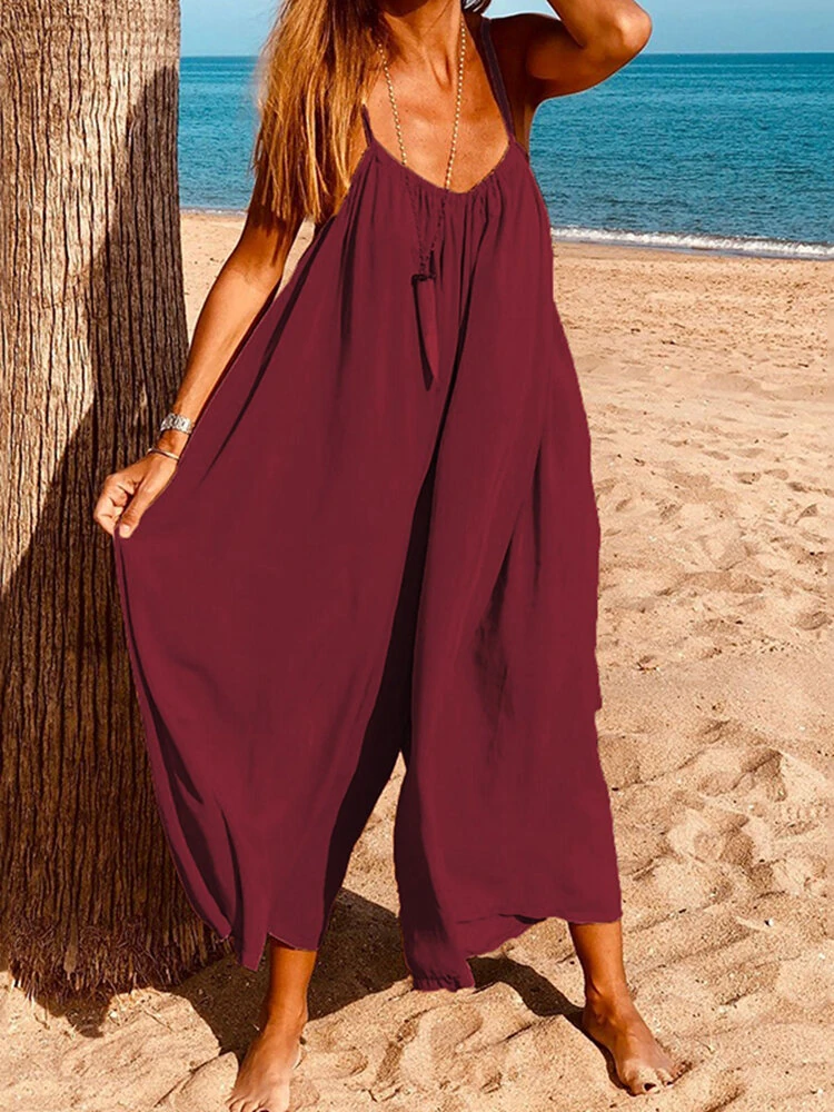 (image for) Women Sleeveless Straps Loose Solid Wide Leg Jumpsuits