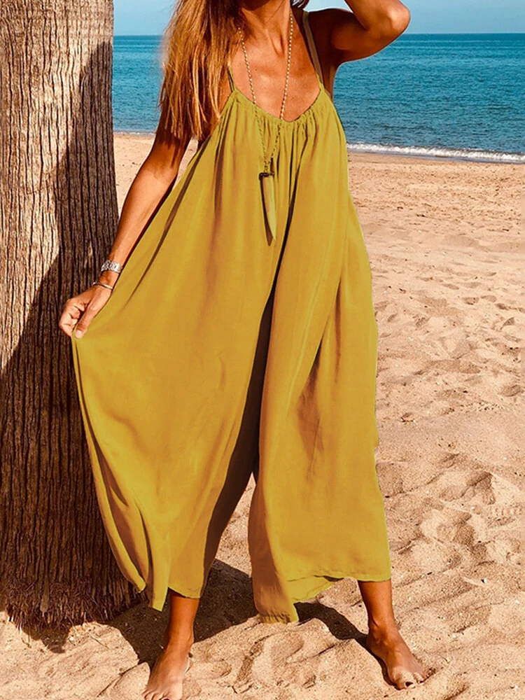 (image for) Women Sleeveless Straps Loose Solid Wide Leg Jumpsuits