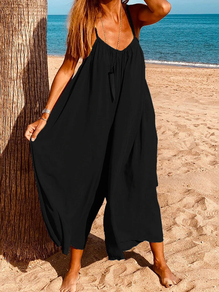 (image for) Women Sleeveless Straps Loose Solid Wide Leg Jumpsuits