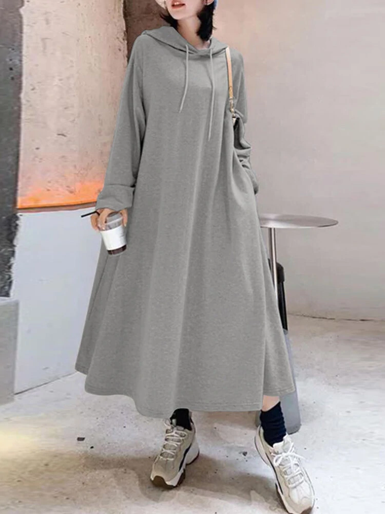 (image for) Women Solid Color Irregular Hem Casual Hooded Sweatshirt Maxi Dresses With Side Pocket
