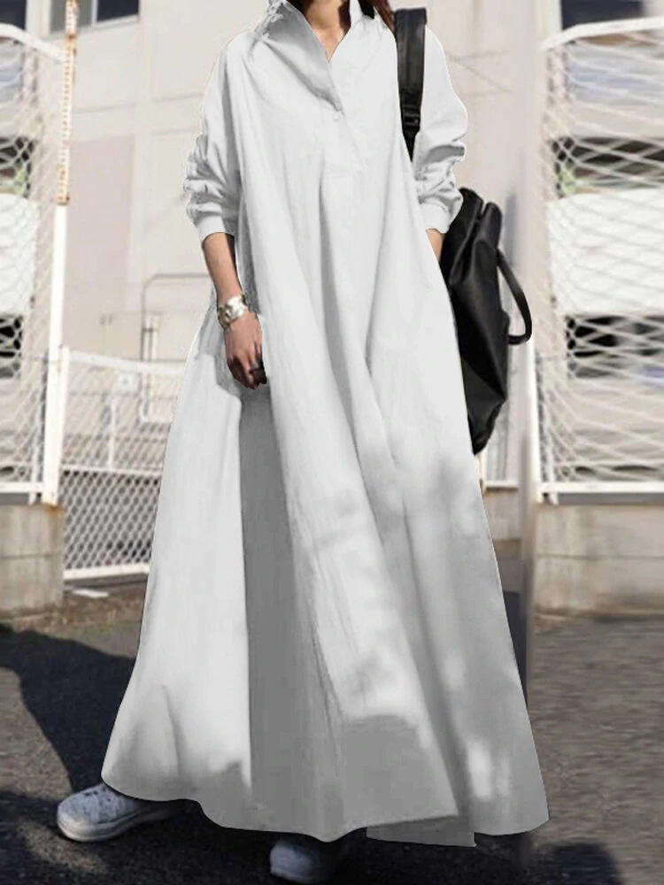 (image for) Women Solid Color Turn-down Collar Long Sleeve Button Casual Shirt Dresses With Pocket