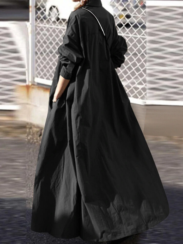 (image for) Women Solid Color Turn-down Collar Long Sleeve Button Casual Shirt Dresses With Pocket