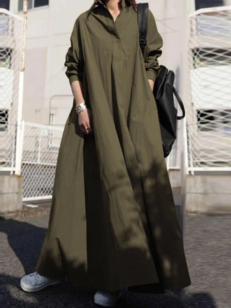 (image for) Women Solid Color Turn-down Collar Long Sleeve Button Casual Shirt Dresses With Pocket