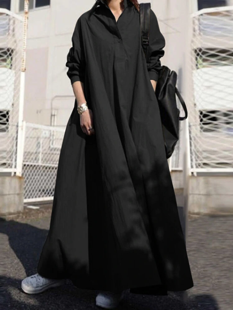 (image for) Women Solid Color Turn-down Collar Long Sleeve Button Casual Shirt Dresses With Pocket