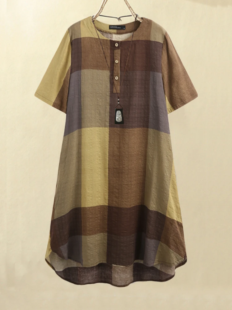 (image for) Women Vintage Plaid Print Button Front O-Neck Short Sleeve Loose Casual Shirt Dress With Pocket