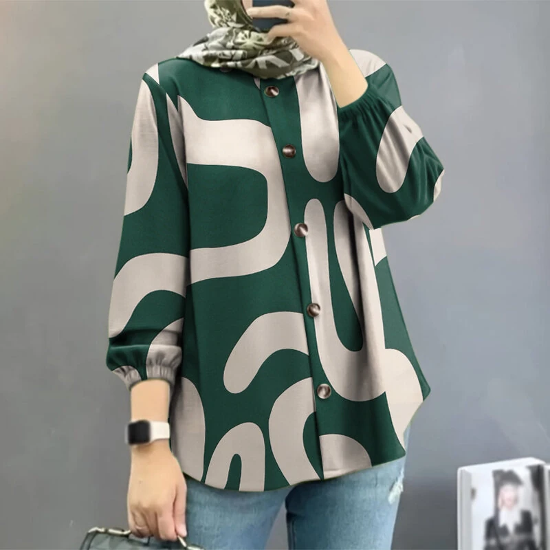 (image for) ZANZEA Ethnic Style Women Blouse Lantern Sleeve Geometric Pattern Shirt Fashion O-Neck Button Up Top
