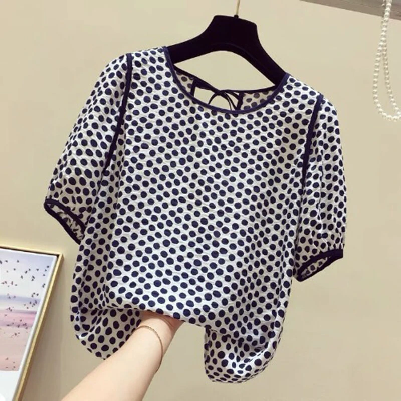 (image for) ZANZEA Females Polka Dot Top with Back Tie Lantern Sleeve and Open-Front Design, Womens Crew Neck Blouses Short Sleeve Shirts Plus Size S-5XL