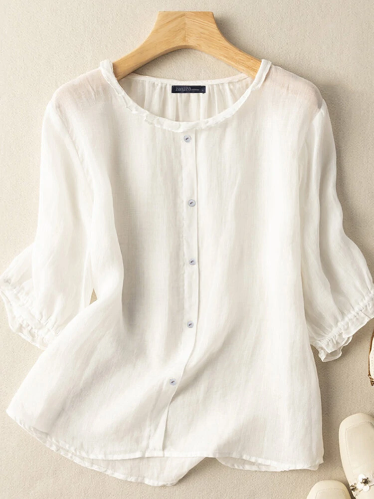 (image for) ZANZEA Lettuce Edge Crew Neck Solid Button 3/4 Sleeve Blouse