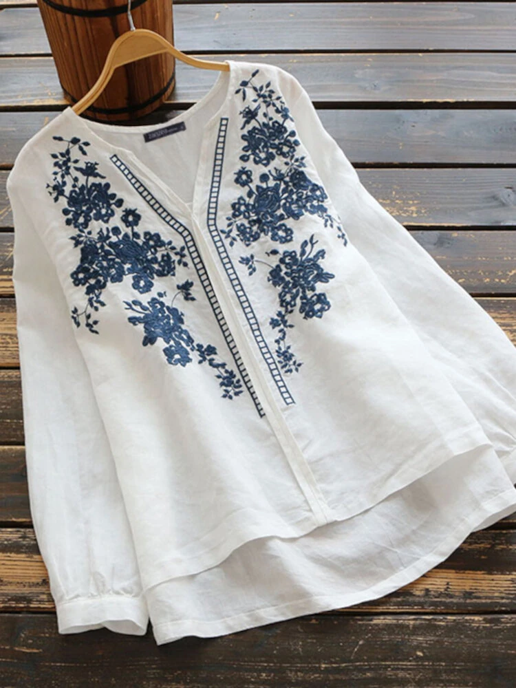 (image for) ZANZEA Plus Size Women Cotton Linen V-Neck Embroidery Patterns Casual Loose Blouse