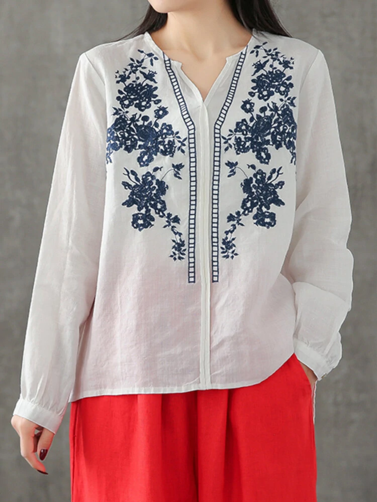 (image for) ZANZEA Plus Size Women Cotton Linen V-Neck Embroidery Patterns Casual Loose Blouse