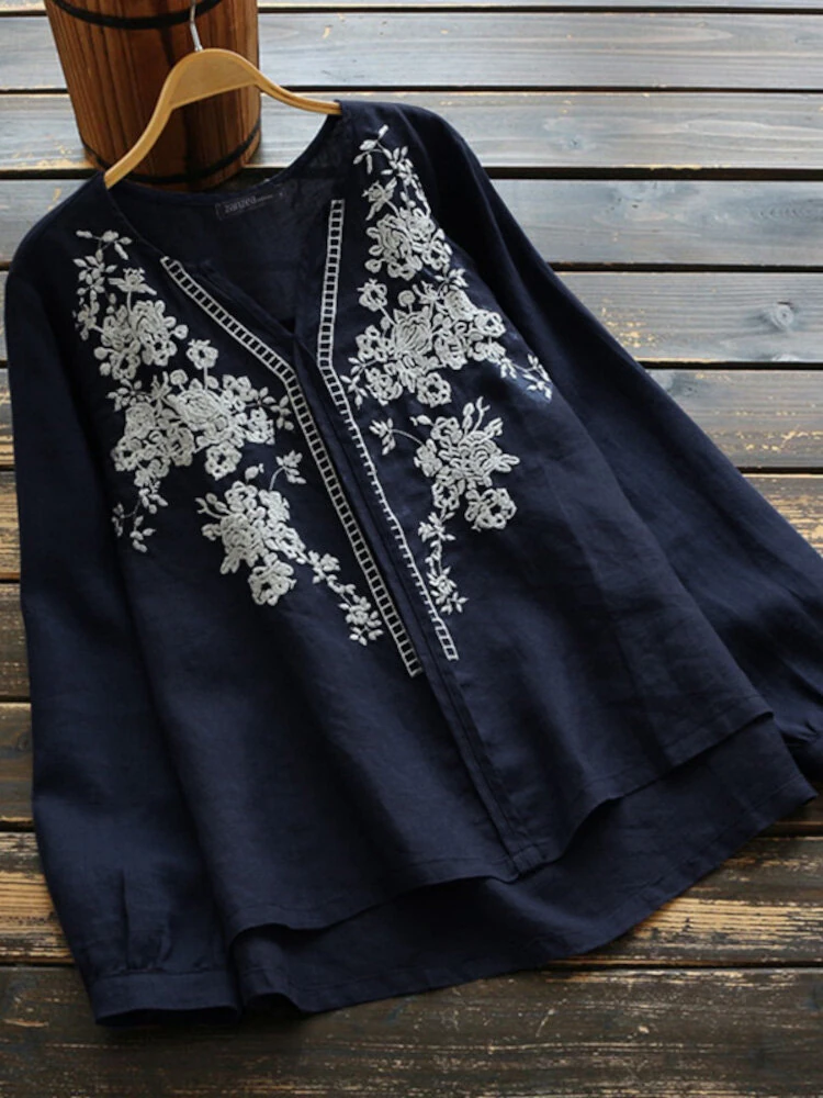 (image for) ZANZEA Plus Size Women Cotton Linen V-Neck Embroidery Patterns Casual Loose Blouse