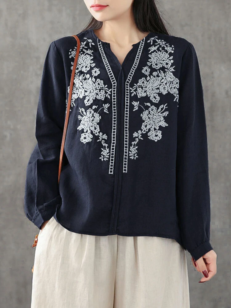 (image for) ZANZEA Plus Size Women Cotton Linen V-Neck Embroidery Patterns Casual Loose Blouse