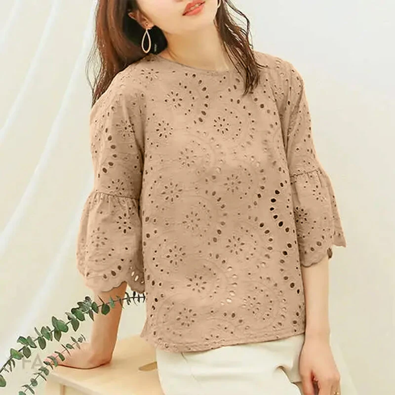 (image for) ZANZEA Plus Size Women Floral Lace Splicing Crew Neck Blouse, Elegant 3/4 Loose Petal Sleeve Blouse For Spring & Summer, Women's Clothing S-5XL