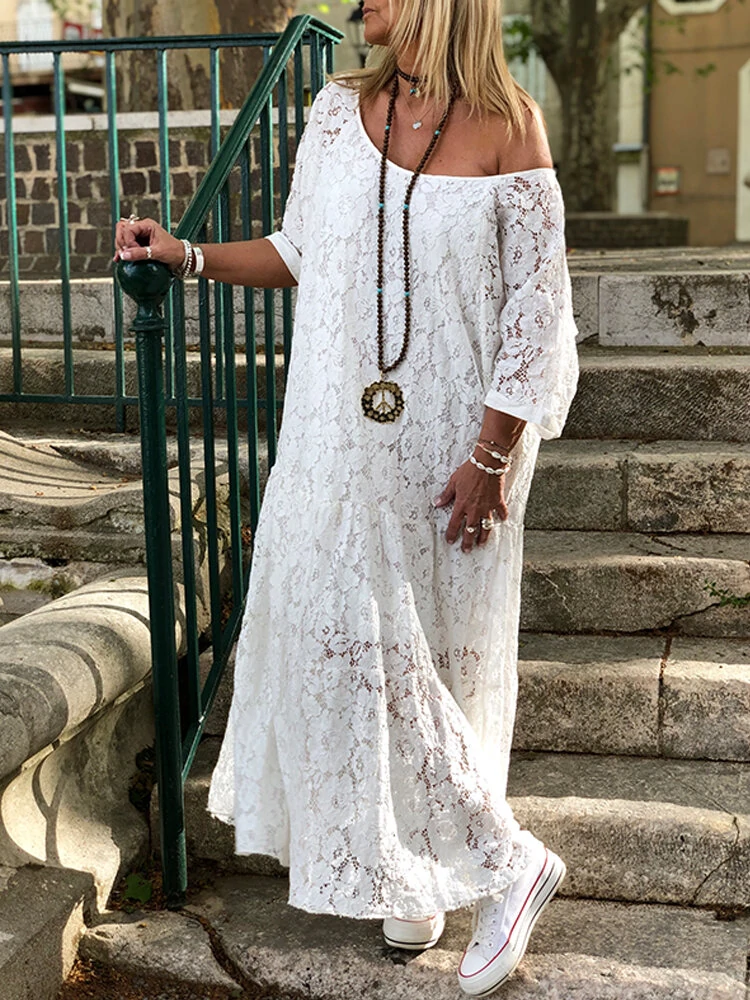 (image for) ZANZEA Plus Size Women Lace Long Dress Cold Shoulder Long Lace Croceht Hollow Out Bohemian Maxi Dress For Women