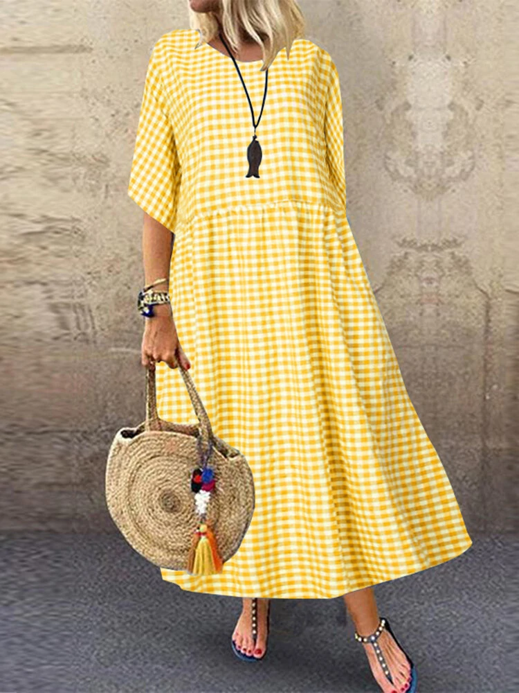 (image for) ZANZEA Plus Size Women Long Dress Casual Loose Plaid Print O-Neck Half Sleeve Beach Maxi Dress