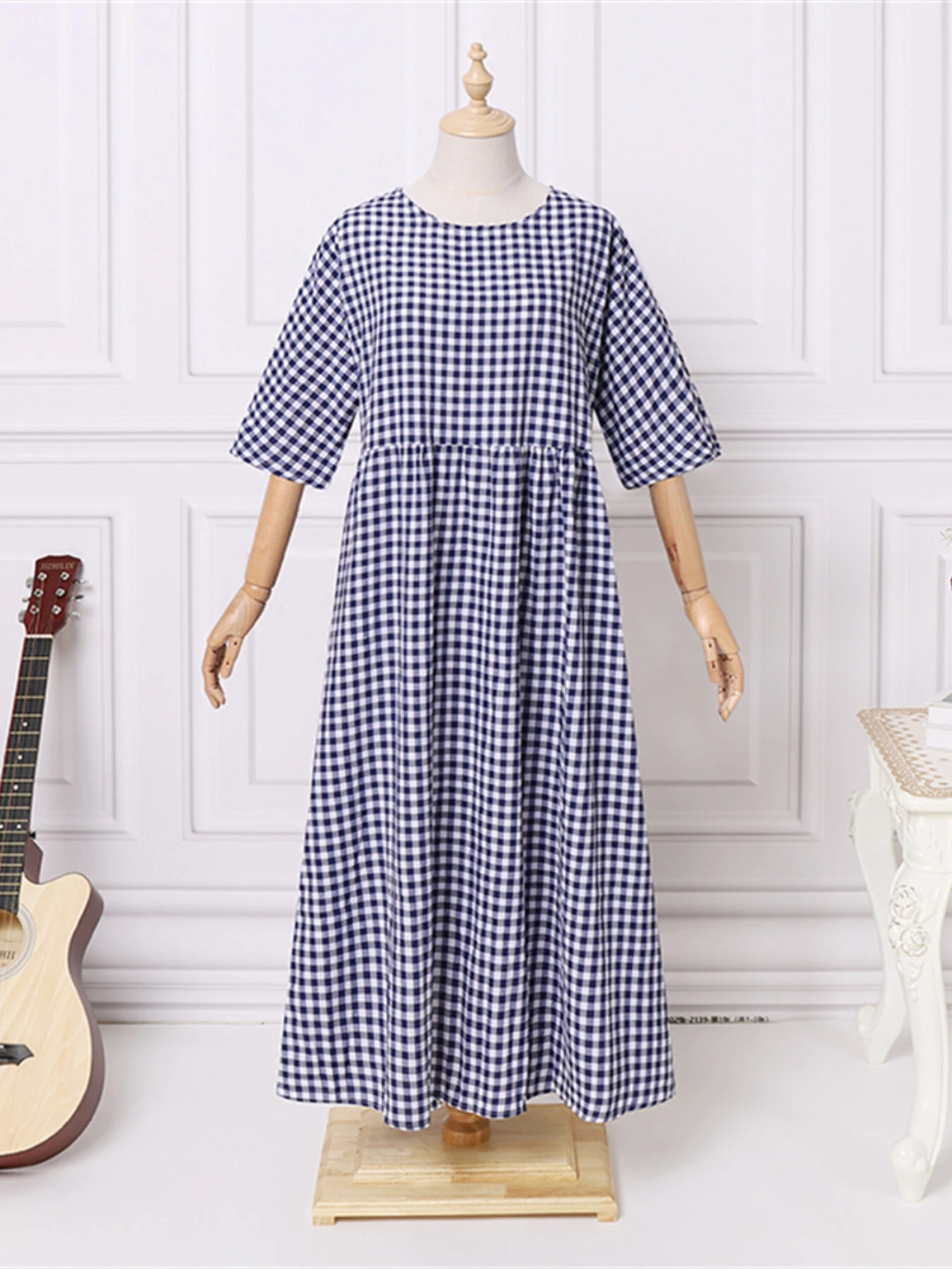 (image for) ZANZEA Plus Size Women Long Dress Casual Loose Plaid Print O-Neck Half Sleeve Beach Maxi Dress