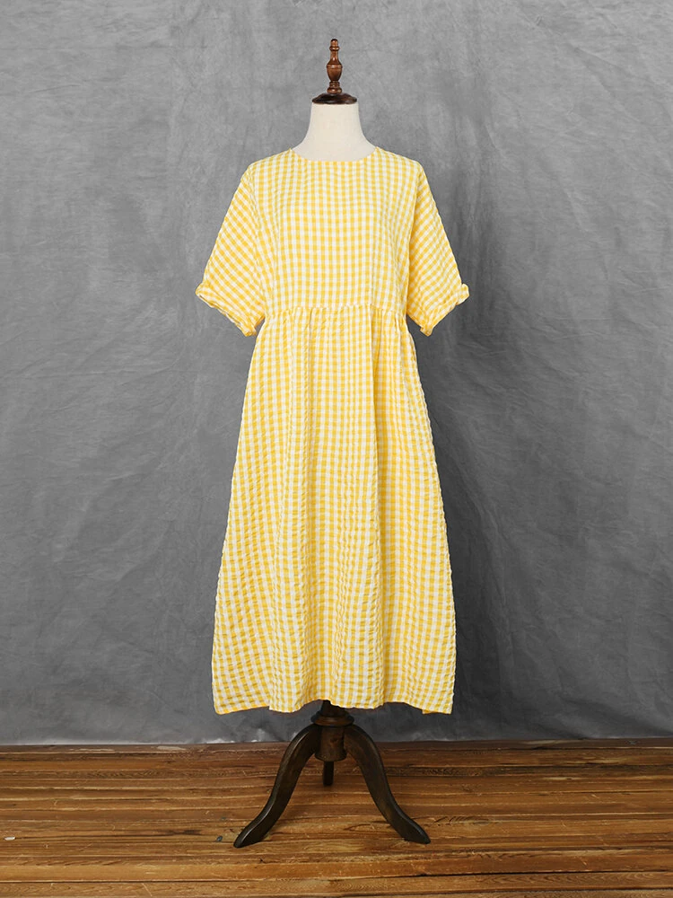 (image for) ZANZEA Plus Size Women Long Dress Casual Loose Plaid Print O-Neck Half Sleeve Beach Maxi Dress