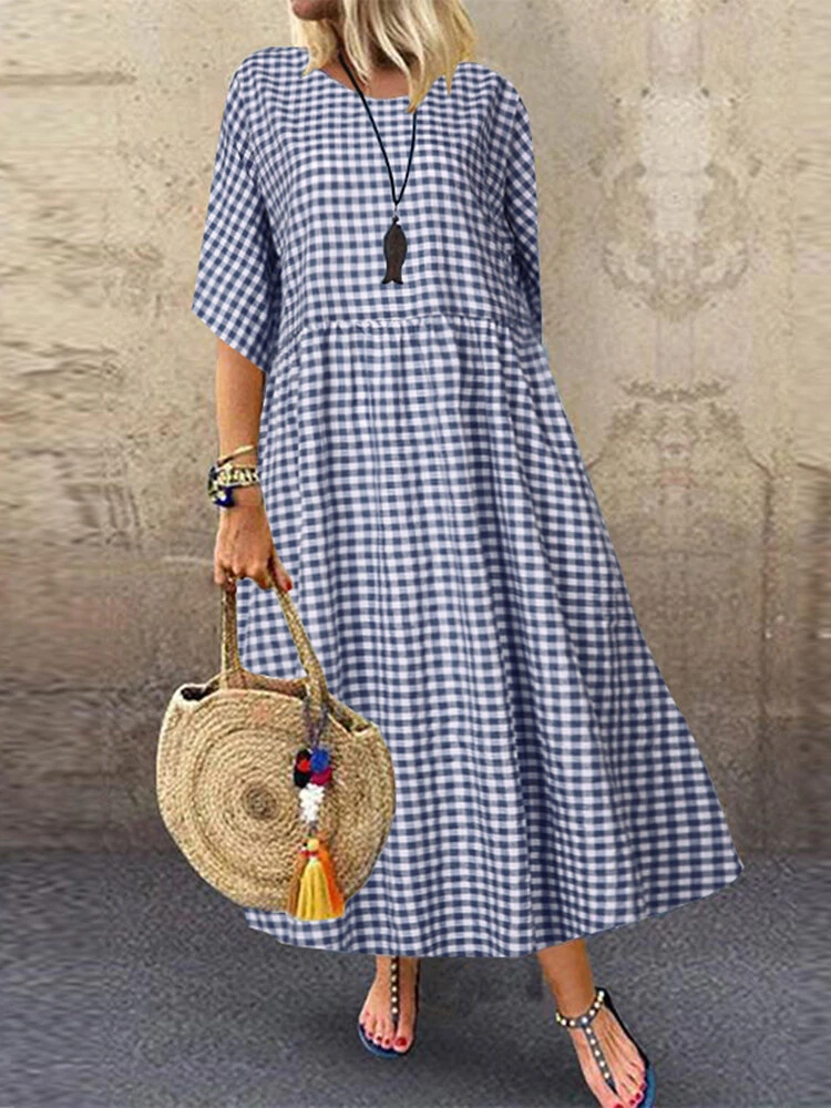 (image for) ZANZEA Plus Size Women Long Dress Casual Loose Plaid Print O-Neck Half Sleeve Beach Maxi Dress