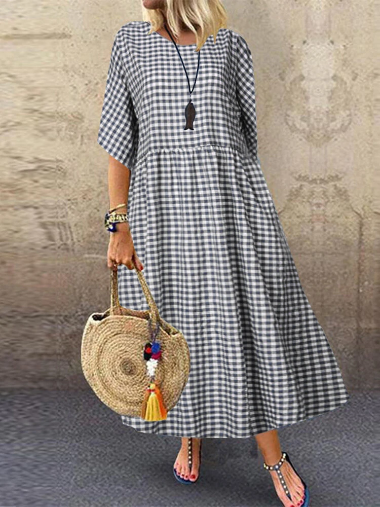 (image for) ZANZEA Plus Size Women Long Dress Casual Loose Plaid Print O-Neck Half Sleeve Beach Maxi Dress