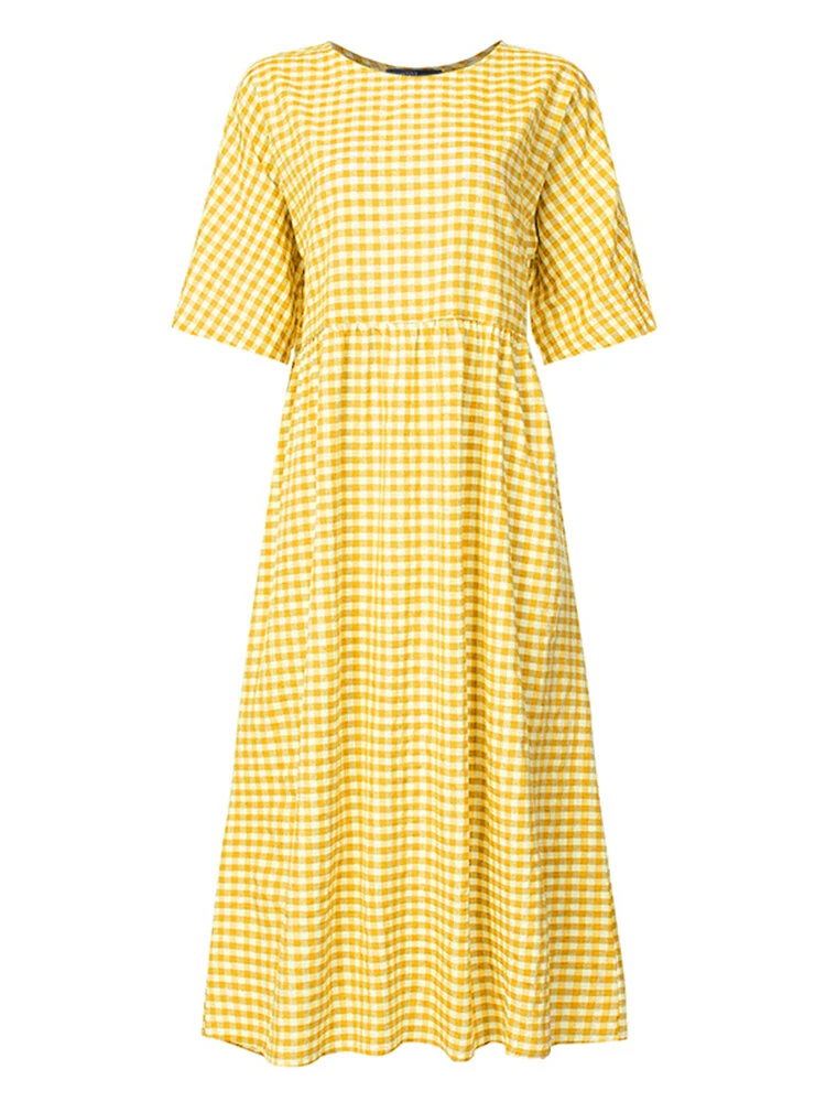 (image for) ZANZEA Plus Size Women Long Dress Casual Loose Plaid Print O-Neck Half Sleeve Beach Maxi Dress