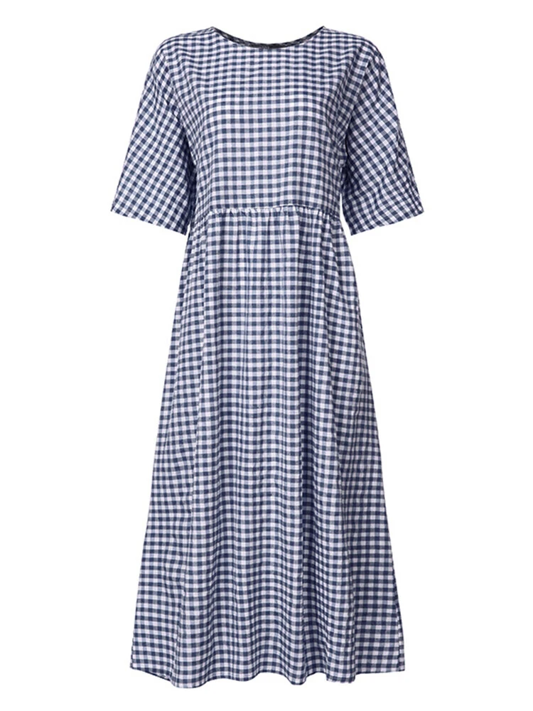(image for) ZANZEA Plus Size Women Long Dress Casual Loose Plaid Print O-Neck Half Sleeve Beach Maxi Dress