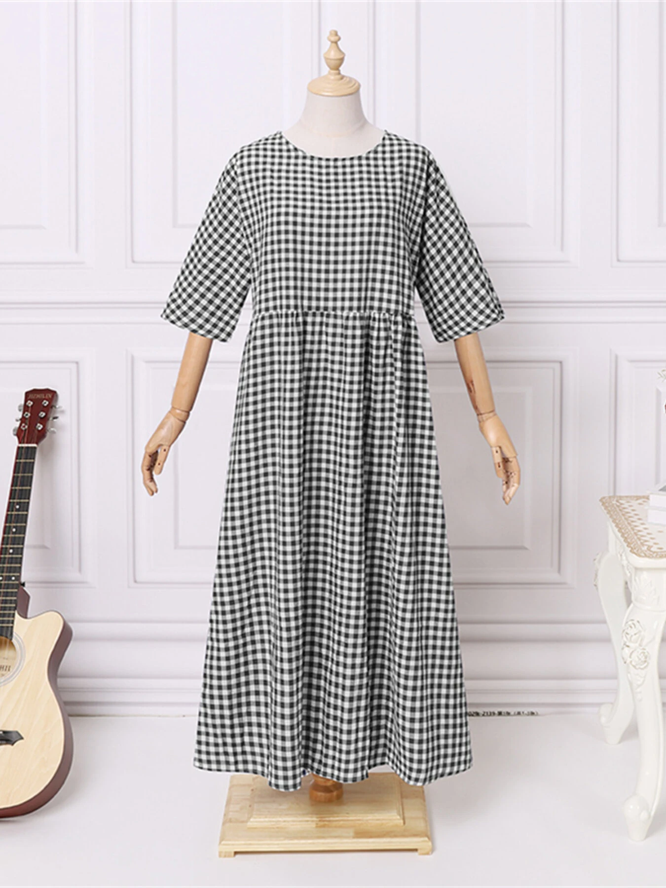 (image for) ZANZEA Plus Size Women Long Dress Casual Loose Plaid Print O-Neck Half Sleeve Beach Maxi Dress