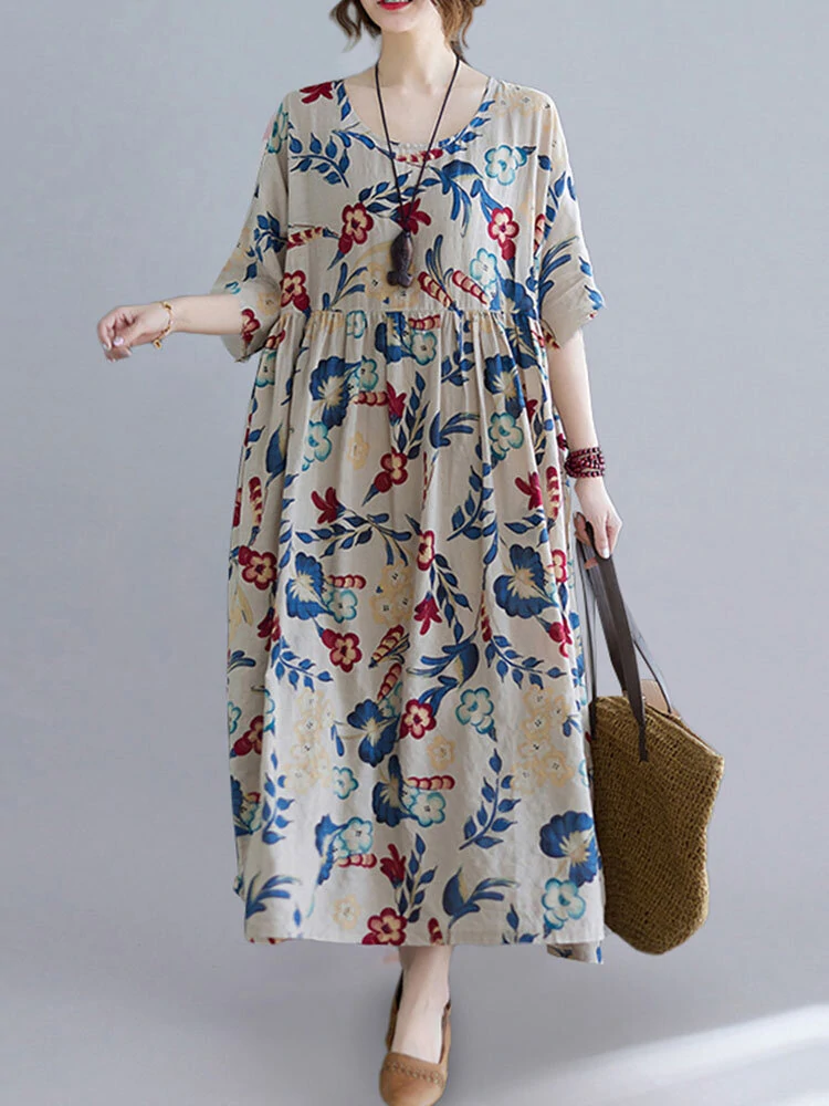 (image for) ZANZEA Plus Size Women Long Dress O-Neck Floral Loose Bohemian Casual Summer Maxi Dress For Women