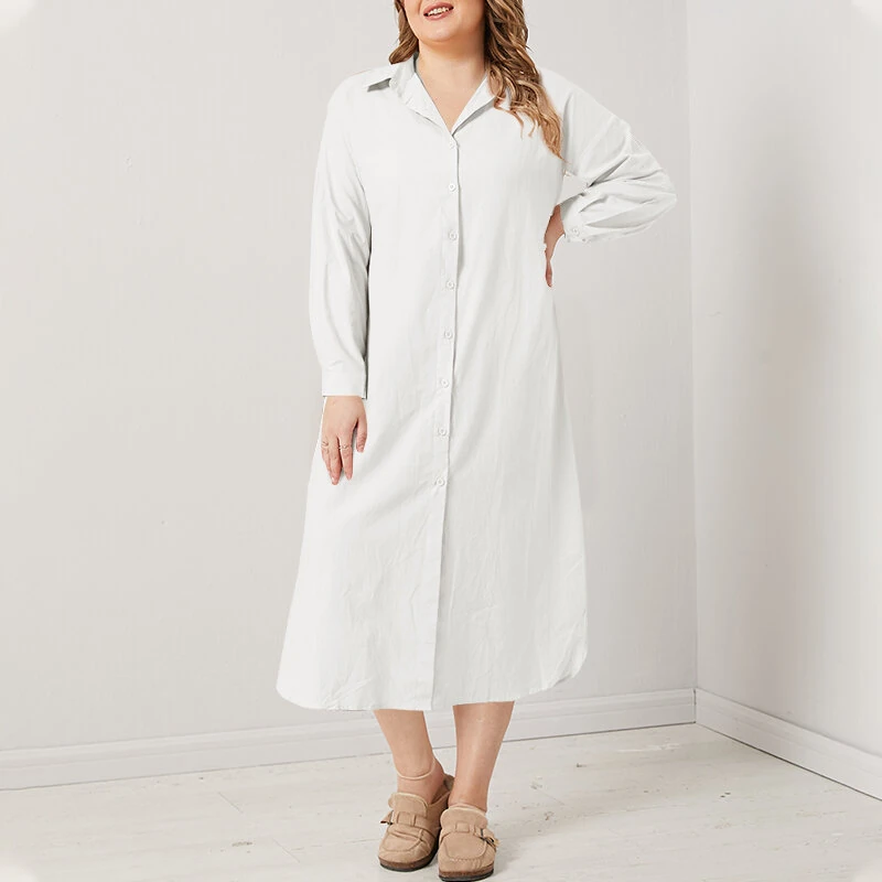 (image for) ZANZEA Plus Size Women Long Shirt Dress Solid Color Curved Hem Split Lapel Loose Fit Shirt Dress