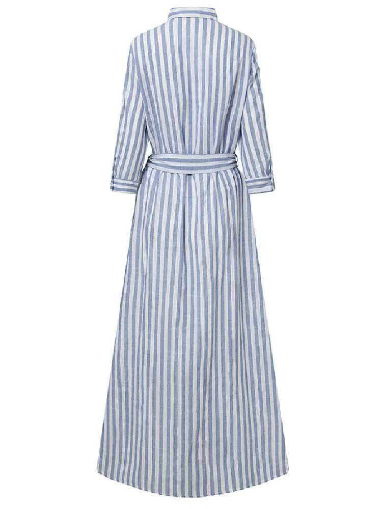 (image for) ZANZEA Women 100% Cotton Classical Striped Print Lapel Button Front Lace-Up Casual Shirt Dress
