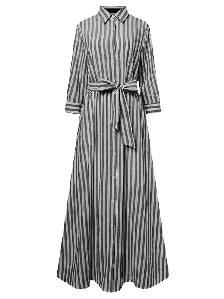 (image for) ZANZEA Women 100% Cotton Classical Striped Print Lapel Button Front Lace-Up Casual Shirt Dress