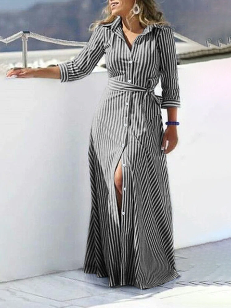 (image for) ZANZEA Women 100% Cotton Classical Striped Print Lapel Button Front Lace-Up Casual Shirt Dress